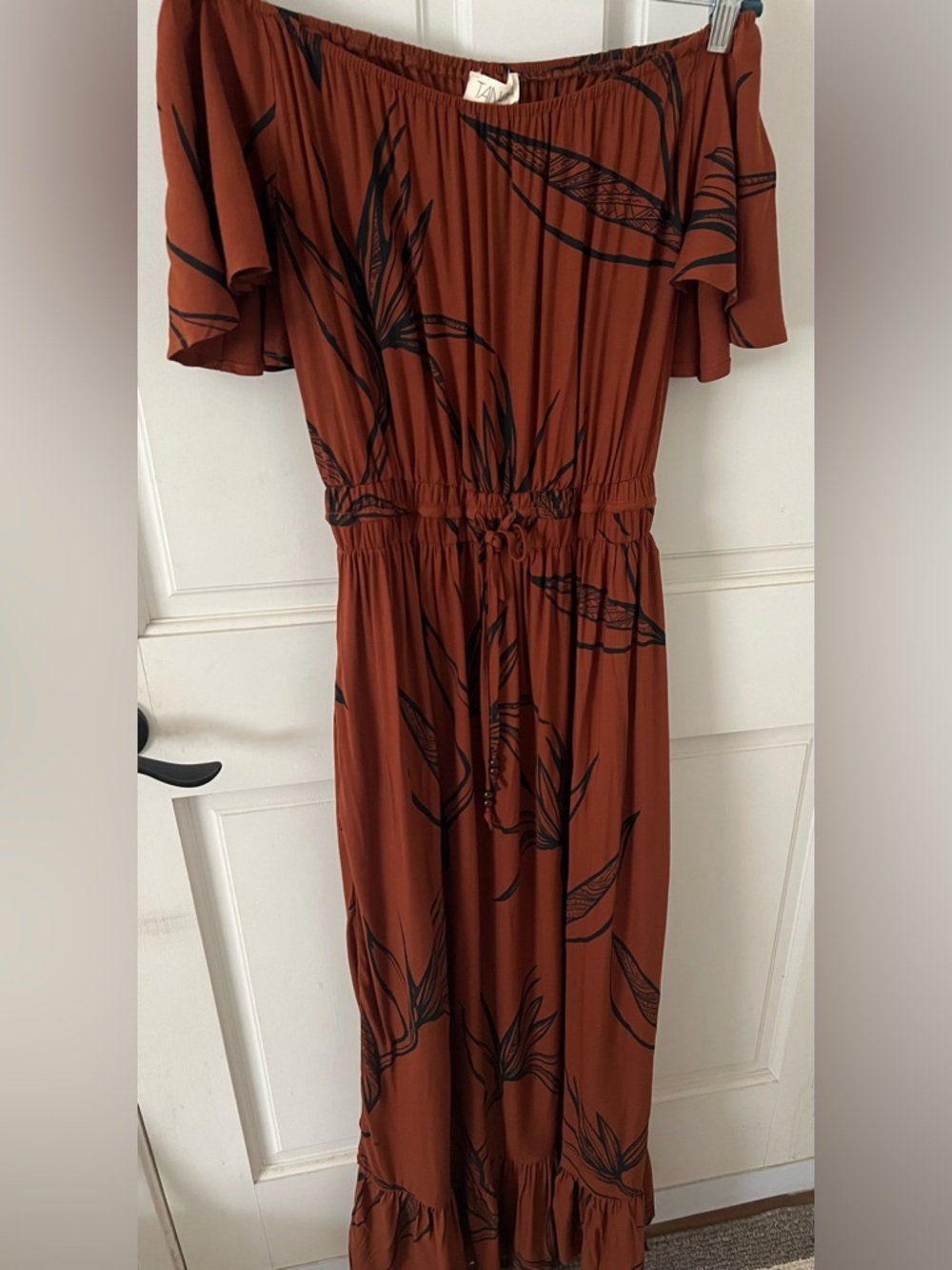 Tanoa Off-Shoulder Rust Floral Maxi Dress with Drawstring Waist size Small